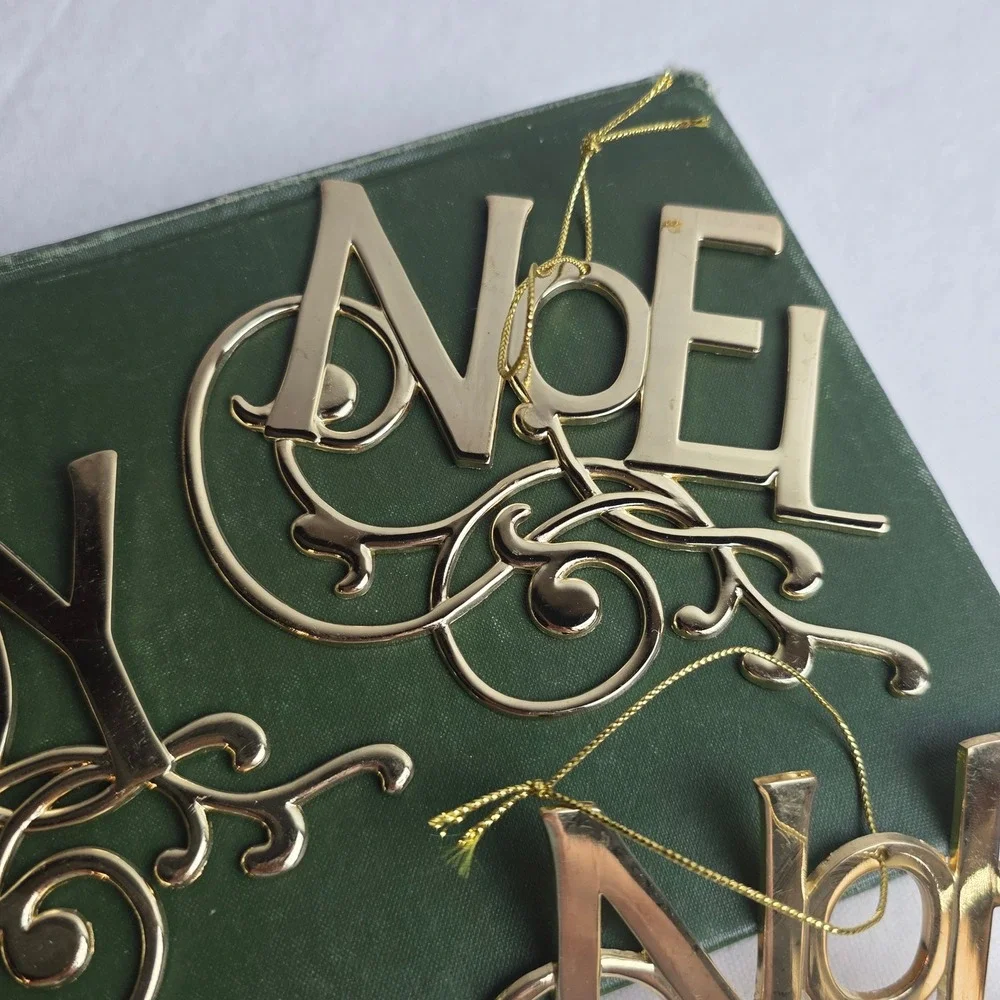 Gold Metal Joy Noel Christmas Ornaments Set of 4 Filigree Scrollwork Holiday